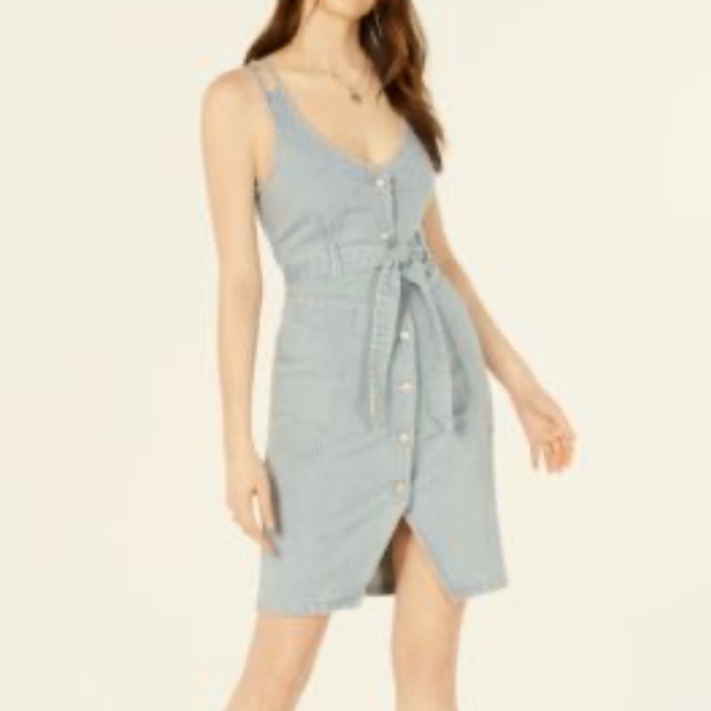 OAT dress, jumper style, spaghetti straps , belted, sheath cut. M, denim stripe - Picture 1 of 9